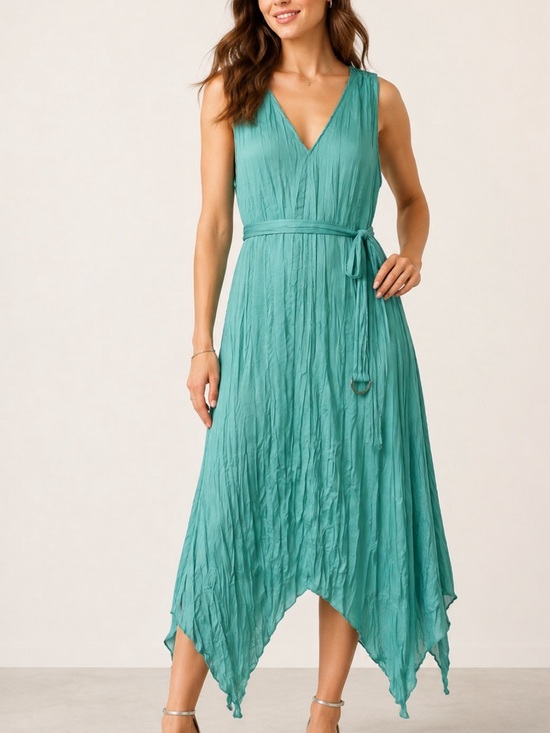 Adrianna Papell Dresses & Skirts - Sleeveless V-Neck Crinkled Midi Dress in Teal